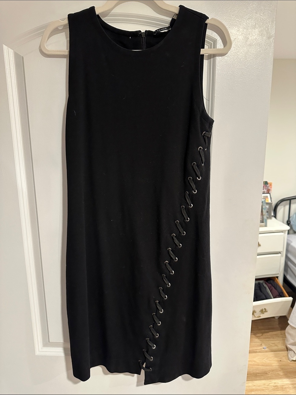 T Tahari Black Sleeveless Shift Dress with Diagonal Grommet Detail